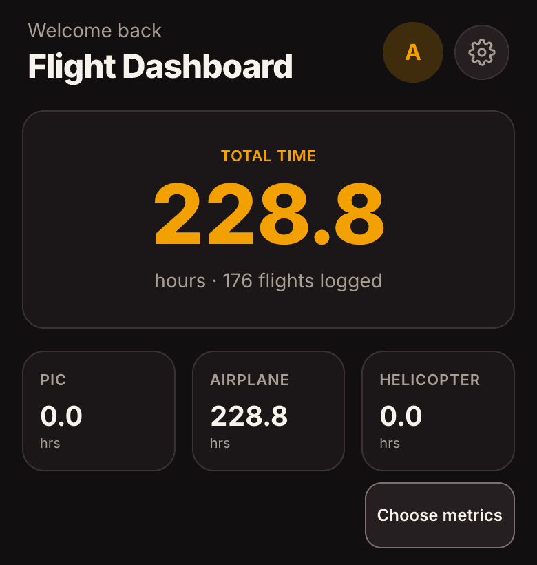OOOIPilot flight dashboard showing total time and flights logged