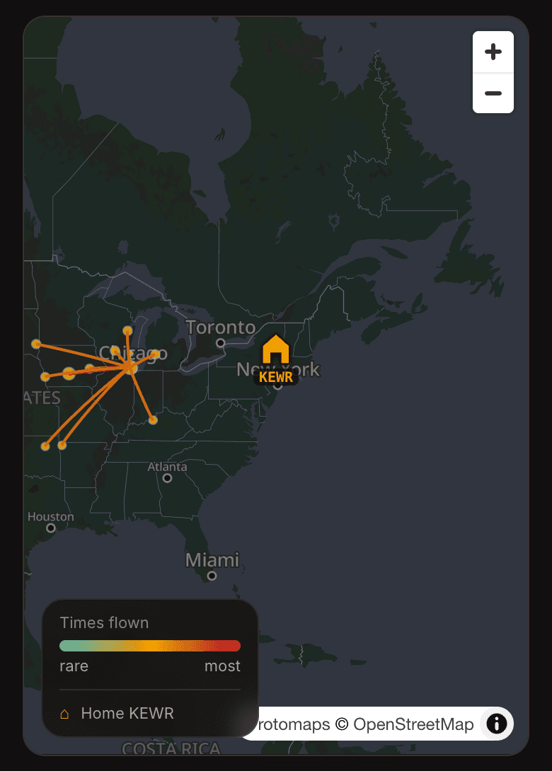 OOOIPilot interactive route map with frequency-weighted flight routes